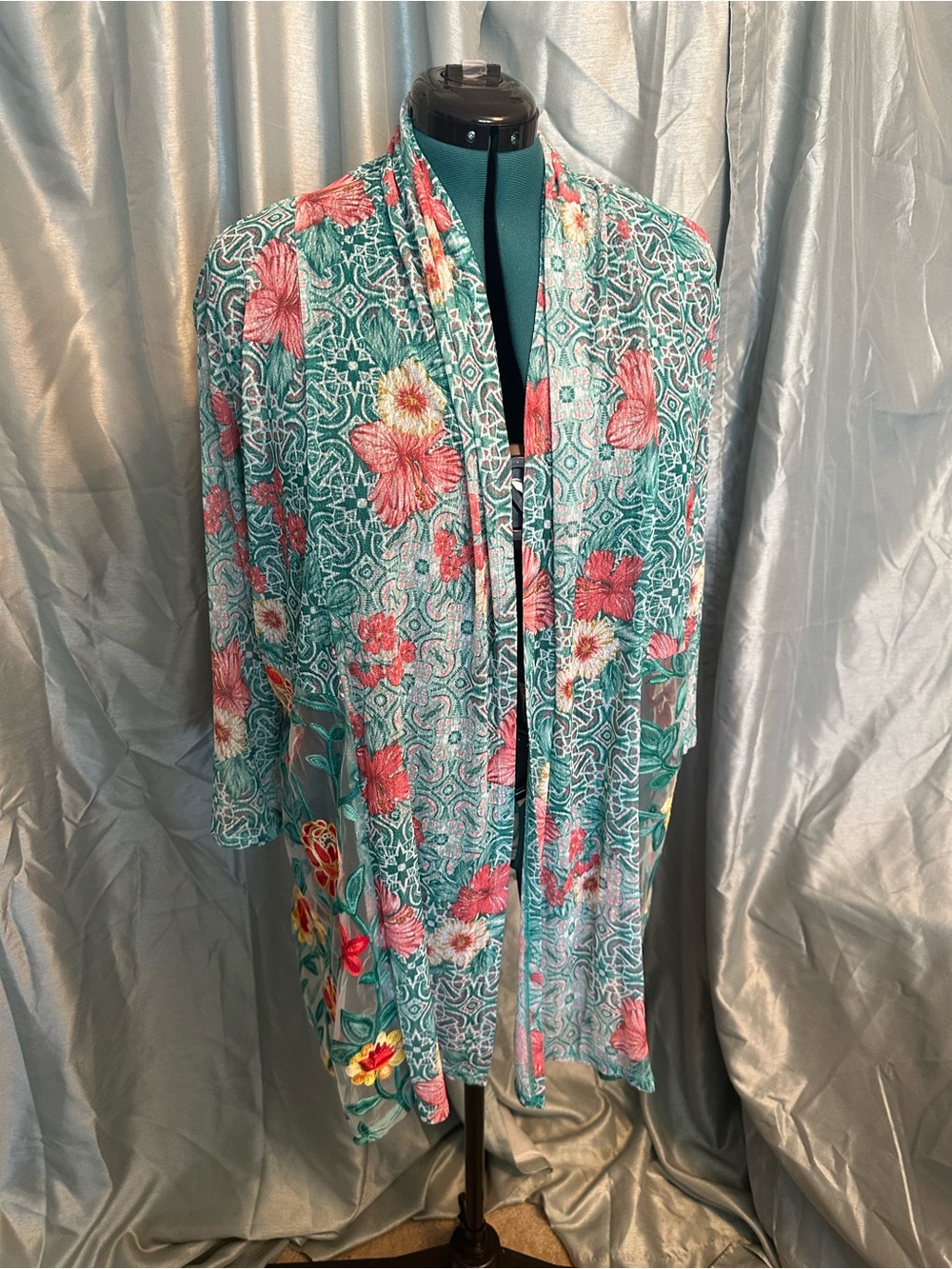 Ruby Road Floral Open-Front Teal Mesh Kimono Jacket